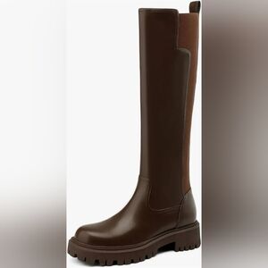 Knee High Brown Platform Lug Sole Tall Riding Boots Comfortable Stretch Calf, 12